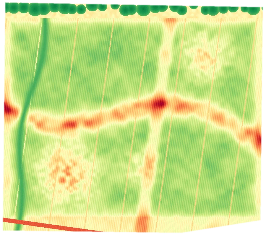 Illustrative NDVI plant health map of a crop field from a multispectral flight